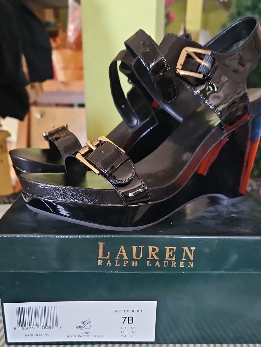 Lauren Ralph Lauren Black Patent Leather Buckle Wedge Sandals